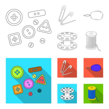 Düğmeleri, iğne, bobin ve iş parçacığı. Dikiş veya araçları terzilik anahat, düz stil vektör simge stok çizim web simgeler ayarla.
