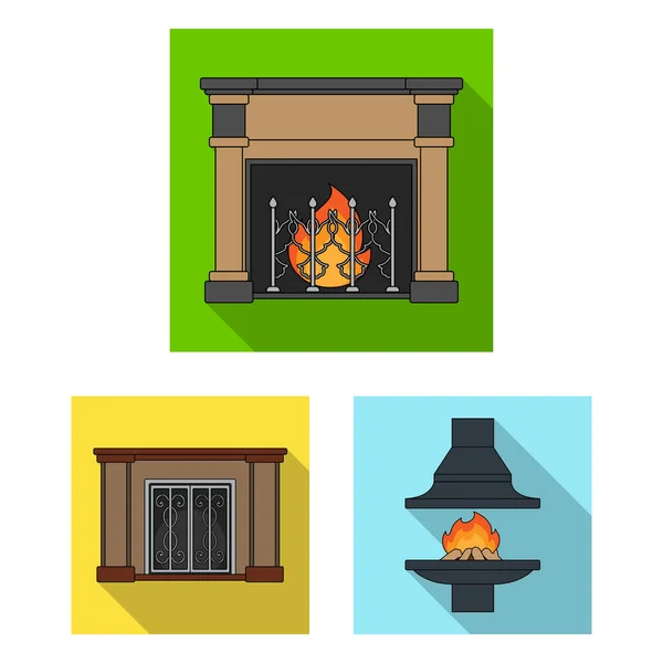 Diferentes tipos de lareiras ícones planos na coleção de conjuntos para design.Fireplaces construção vetor símbolo web ilustração . — Vetor de Stock