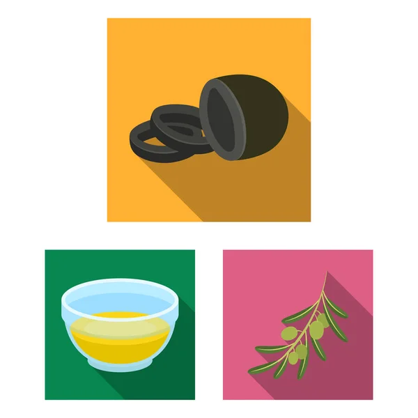 Oliva, alimentos iconos planos en la colección de conjuntos para el diseño. Aceite de oliva, condimento vector símbolo stock web ilustración . — Vector de stock