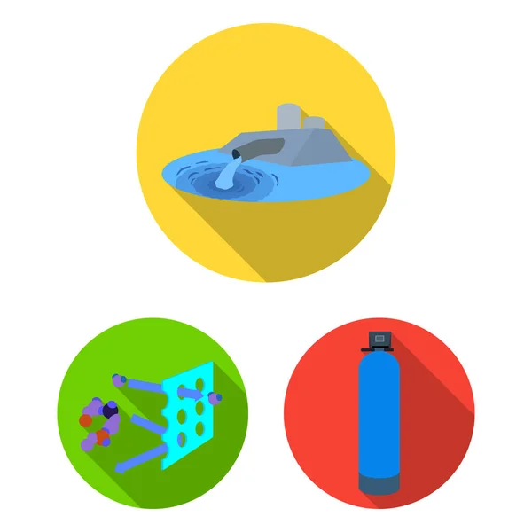 Vattenfiltrering system platt ikoner i set samling för design. Rengöring av utrustning vektor symbol lager web illustration. — Stock vektor