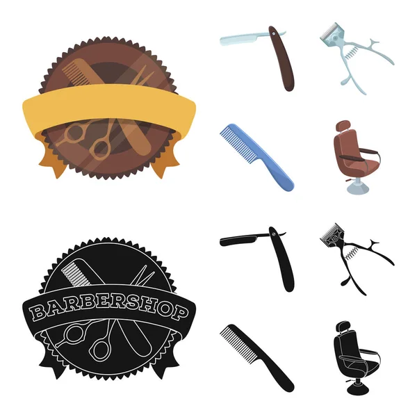 Una maquinilla de afeitar, un cortador de pelo mecánico, un sillón y otros equipos para un peluquero.Iconos de colección conjunto de barbería en dibujos animados, negro símbolo de vector de estilo tela de ilustración de stock . — Archivo Imágenes Vectoriales