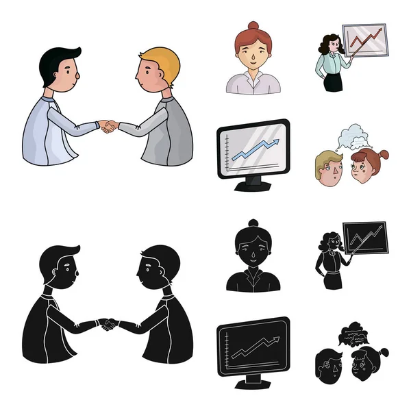 Affärskvinna, tillväxt diagram, brainstorming. Business-konferens och förhandlingar som samling ikoner i tecknad, svart stil vektor symbol stock illustration web. — Stock vektor