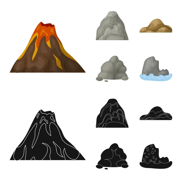 Боулдеры, округлые горы, скалы в море. Различные горы установить иконки коллекции в мультфильме, черный стиль векторных символов фондовый иллюстрации веб . — стоковый вектор