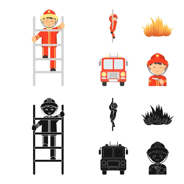 Pompiere, pompiere, camion dei pompieri. I vigili del fuoco impostano icone di raccolta in cartone animato, nero stile vettore simbolo stock illustrazione web . — Vettoriale Stock
