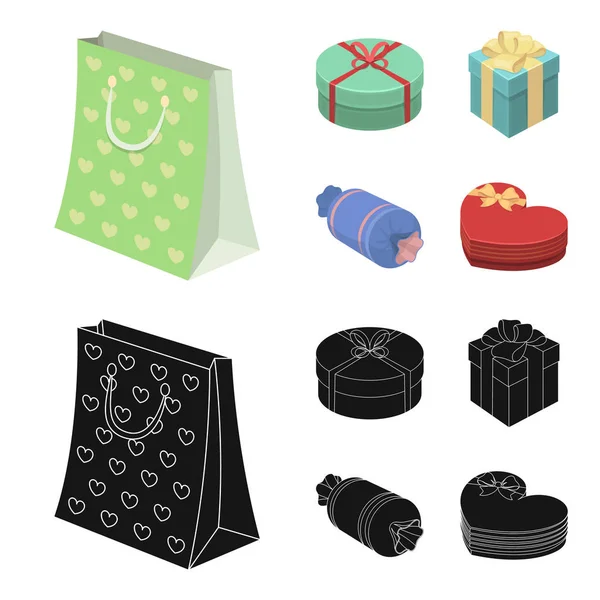 De doos van de gift met strik, geschenk tas. Giften en certificaten instellen collectie iconen in de tekenfilm, zwarte stijl vector symbool stock illustratie web. — Stockvector