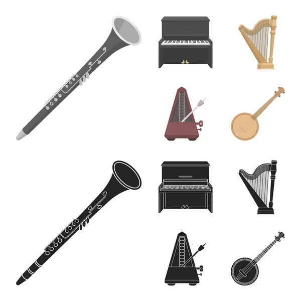 Banjo, klavír, harfa, metronom. Hudební nástroje sada kolekce ikon v karikatuře, černá styl vektor symbol akcií ilustrace web. — Stockový vektor