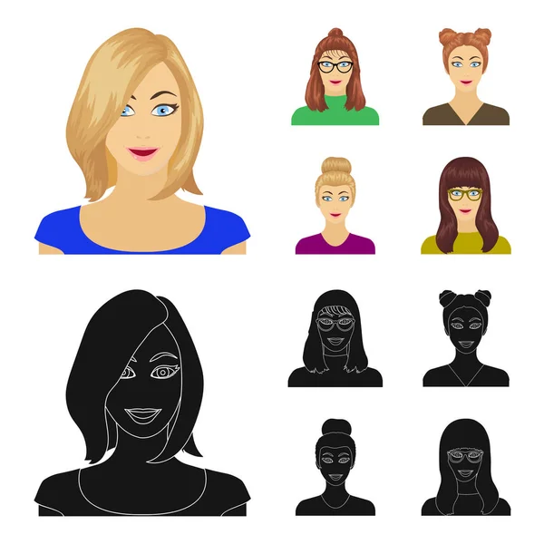 O rosto de uma rapariga com óculos, uma mulher com um penteado. Ícones de coleção de conjunto de rosto e aparência em desenhos animados, estilo preto símbolo vetorial ilustração web . —  Vetores de Stock