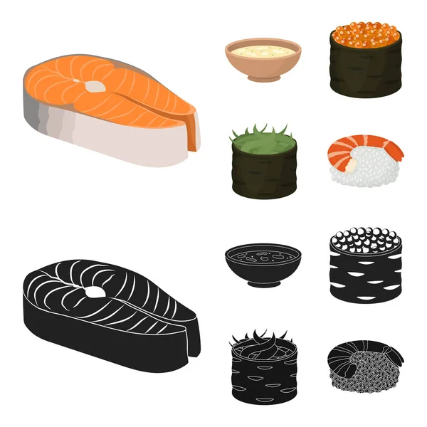 Cuenco de sopa, caviar, camarones con arroz. Conjunto de iconos de colección de sushi en dibujos animados, negro estilo vector símbolo stock ilustración web . — Vector de stock