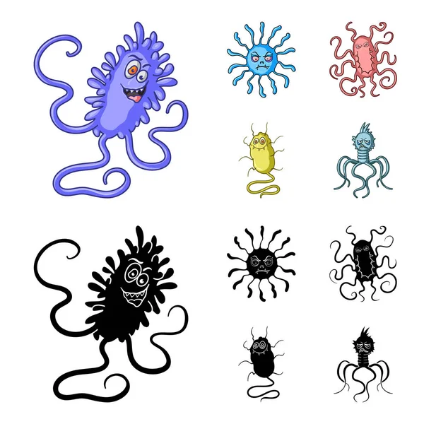 Diferentes tipos de microbios y virus. Los virus y bacterias establecen iconos de colección en dibujos animados, negro estilo vector símbolo stock ilustración web . — Vector de stock