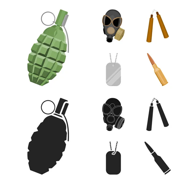 Gas mask, nunchak, ammunition, soldier token. Weapons set collection icons in cartoon,black style vector symbol stock illustration web. — Stock Vector
