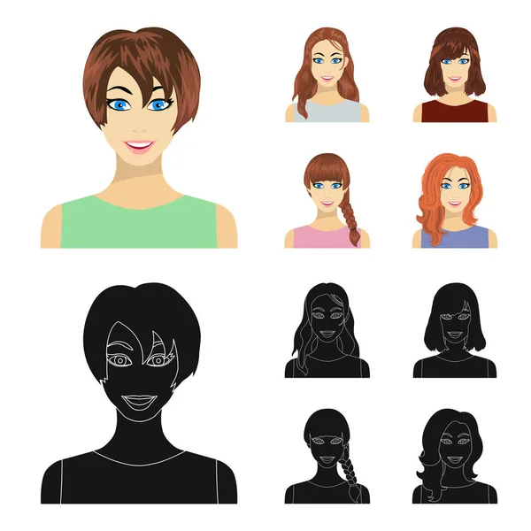 Tipos de peinados femeninos de dibujos animados, iconos negros en la colección de conjuntos para el diseño. Apariencia de una mujer vector símbolo stock web ilustración . — Vector de stock