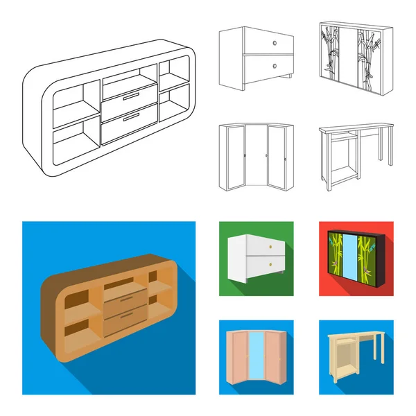 Kommode, Kleiderschrank mit Spiegel, Eckschrank, weiße Kommode. schlafzimmermöbel set sammlung symbole in umriss, flachen stil vektor symbol stock illustration web. — Stockvektor