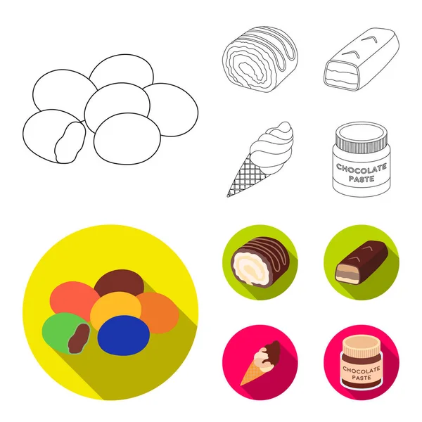 Dragee, roll, barra de chocolate, helado. Los postres del chocolate fijan los iconos de la colección en contorno, el vector plano del estilo simboliza la tela de la ilustración común . — Vector de stock