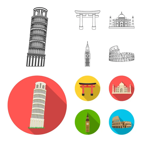 Lugares de interés de diferentes países esbozan, iconos planos en la colección de conjuntos para el diseño. Famoso edificio vector símbolo stock web ilustración . — Archivo Imágenes Vectoriales