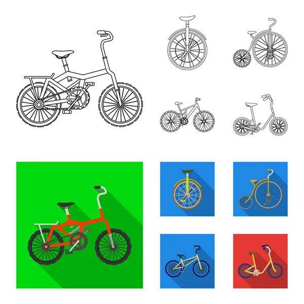 Retro, unicycle and other kinds.Different bicycles set collection icons in outline, flat style vector symbol stock illustration web . — стоковый вектор