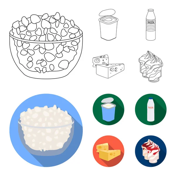 Leche, calcio, producto, alimentos .Milk producto y los iconos de la colección conjunto dulce en el contorno, vector de estilo plano símbolo stock ilustración web . — Vector de stock