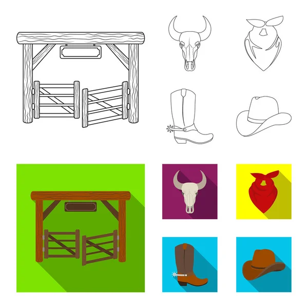 ゲート、牛の頭蓋骨、首にスカーフ ブーツ スパーズ。ロデオは、アウトライン、フラット スタイル ベクトル シンボル ストック イラスト web でコレクションのアイコンを設定. — ストックベクタ