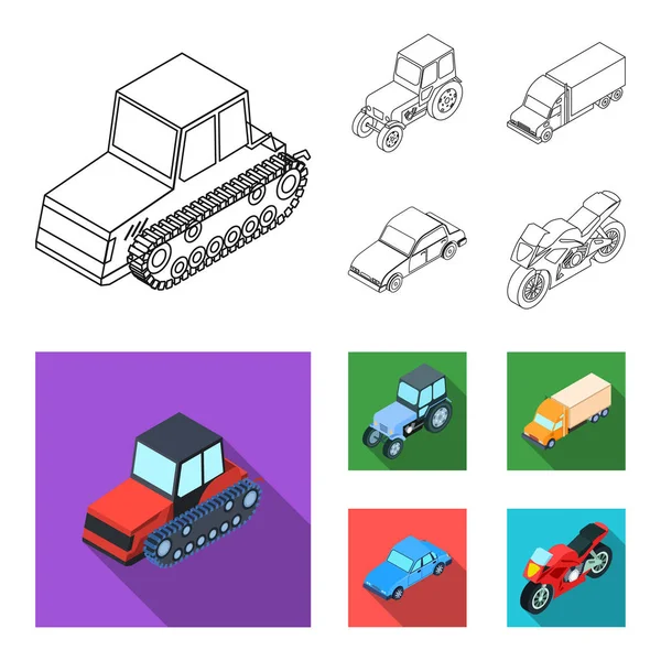 Traktor, Raupenschlepper, LKW, Auto. Transport Set Sammlung Symbole in Umriss, flachen Stil Vektor Symbol Stock Illustration Web. — Stockvektor