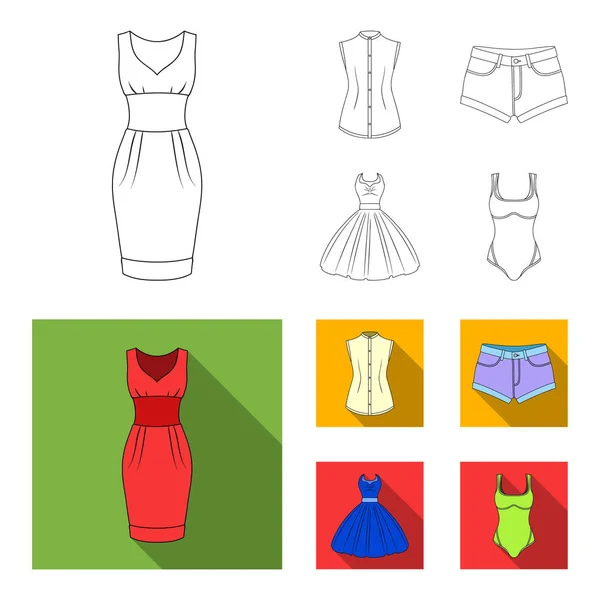 Mujer Esquema de la ropa, iconos planos en la colección de conjuntos para design.Clothing Variedades y accesorios vector símbolo stock web ilustración . — Archivo Imágenes Vectoriales