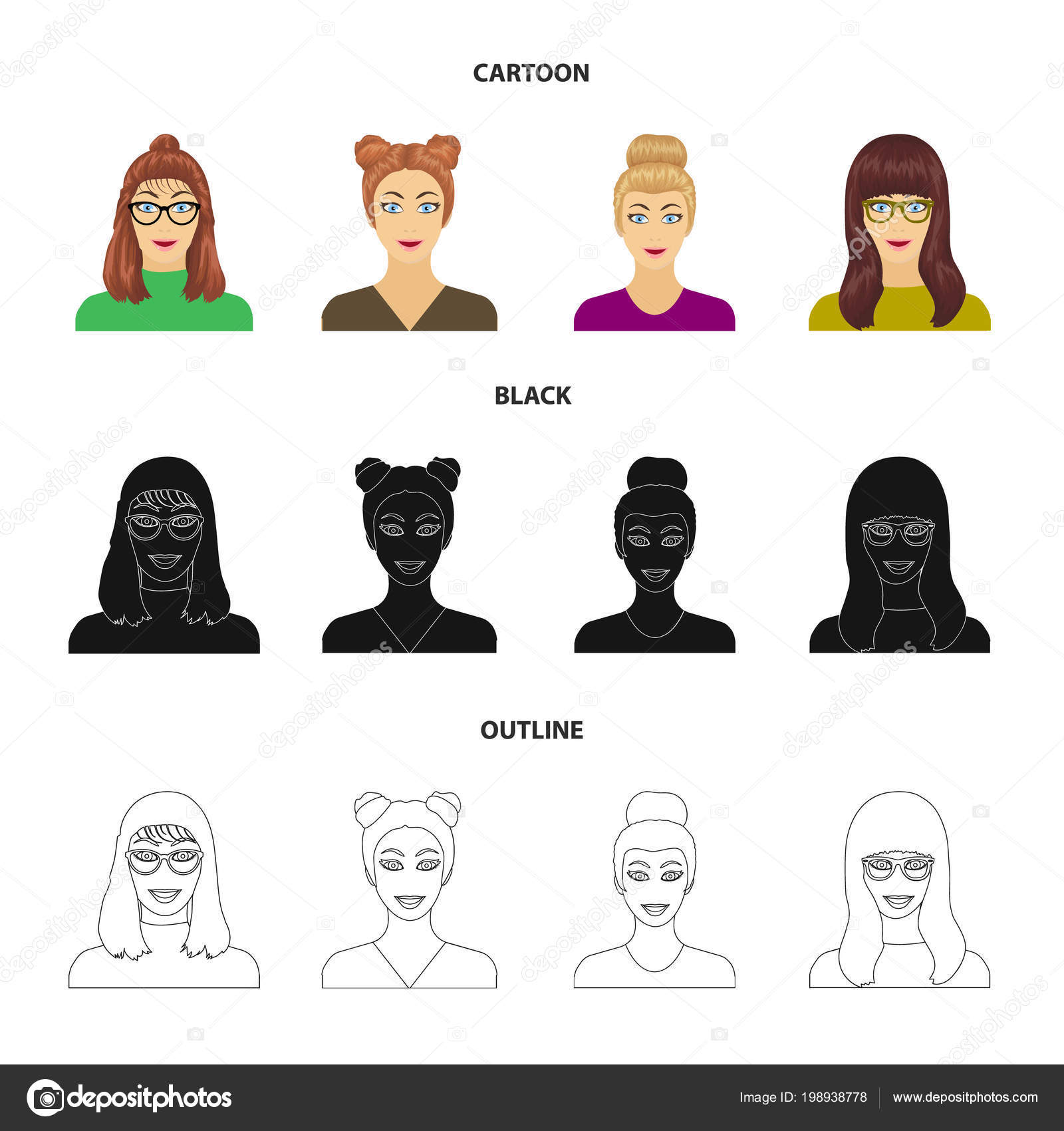 メガネの女の子髪型で女性の顔顔や姿は漫画黒アウトライン