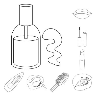 Makyaj ve kozmetik set koleksiyonu tasarım için simgeleri anahat. Makyaj ve ekipman sembol stok web illüstrasyon vektör.