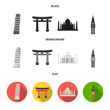 Set koleksiyonu tasarım için farklı ülkeden siyah, düz, tek renkli simgeler görülecek. Ünlü bina sembol stok web illüstrasyon vektör.