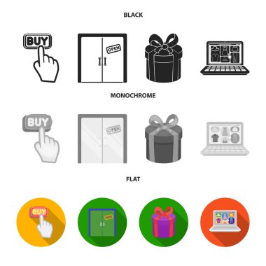 El, tıklayın, Asansör, Hediyelik, kutusu, kapı, online mağaza ve diğer ekipmanlar. E ticaret toplama simgeler siyah, düz, tek renkli stil vektör simge stok çizim web içinde ayarla..