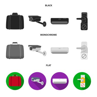 Bagaj, güvenlik kamerası, Klima, işareti rahatsız etmeyin. Otel toplama simgeler siyah, düz, tek renkli stil vektör simge stok çizim web içinde ayarla..