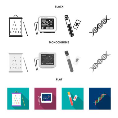 Görme testleri, kan testi, bir Dna kodu, bir EKG Cihazı tablosu. İlaç toplama simgeler siyah, düz, tek renkli stil vektör simge stok çizim web içinde ayarla..