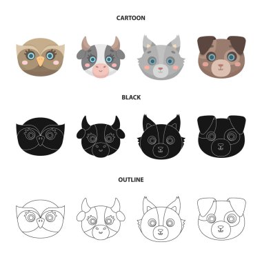 Baykuş, inek, kurt, köpek. Hayvan namlu toplama simgeler çizgi film, siyah, anahat stili vektör simge stok çizim web içinde ayarla..