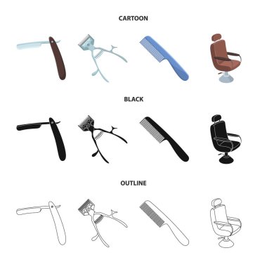 Bir ustura, mekanik saç kesme makinesi, bir koltuk ve diğer ekipman için bir kuaför. Berber dükkanı toplama simgeler çizgi film, siyah, anahat stili vektör simge stok çizim web içinde ayarla..