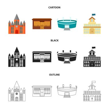 Hükümet, stadyum, kafe, kilise evi. Binada toplama simgeler çizgi film, siyah, anahat stili vektör simge stok çizim web içinde.