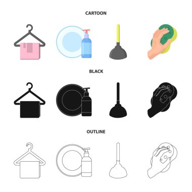 Temizlik ve hizmetçi çizgi film, siyah, anahat simgeleri set koleksiyonu tasarım için. Vektör simge stok web illüstrasyon Temizleme için donatım.