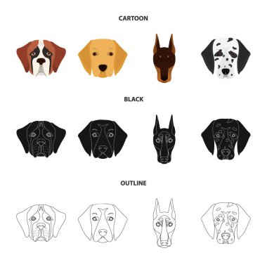 Farklı doğurmak-in köpek ağızlık. St. Bernard, golden retriever, Doberman, Dalmaçyalı doğurmak köpek toplama simgeler çizgi film, siyah, anahat stili vektör simge stok çizim web içinde ayarla..