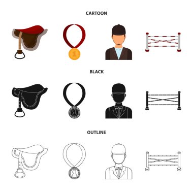 Eyer, madalya, şampiyon, kazanan. Hipodrom ve at toplama simgeler çizgi film, siyah, anahat stili vektör simge stok çizim web içinde ayarla.