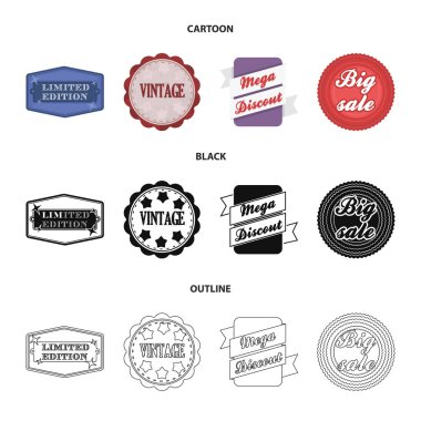 Sayılı seri, vintage, mega discont, kazmak Satılık. Etiket, çizgi film, siyah, anahat stili vektör simge stok çizim web içinde toplama simgeler ayarla.