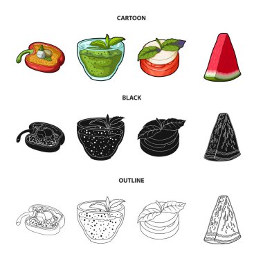 Tatlı Bulgar biber, vitamin içeceği, reçel ahududu ve nane yaprakları ile karpuz bir parçası. Vejetaryen yemekleri çizgi film, siyah, anahat stili vektör simge stok çizimde koleksiyon Icons set
