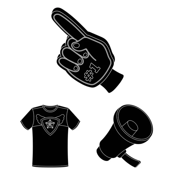 Ventilador e Atributos ícones pretos na coleção de conjuntos para design. Esportes Ventilador vetor símbolo web ilustração . — Vetor de Stock