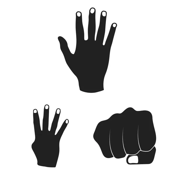 Mão gesto ícones pretos na coleção de conjuntos para o design. Palma e dedo símbolo vetor web ilustração . — Vetor de Stock