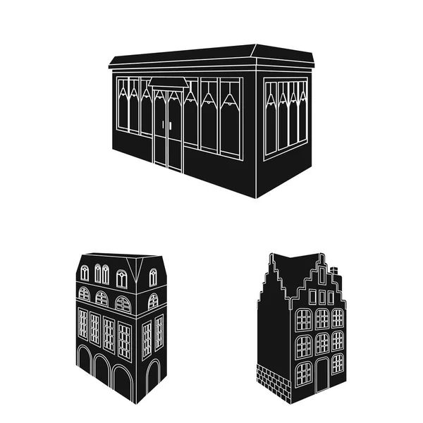 Byggnaden och arkitekturen svart ikoner i set samling för design. Byggnaden och bostad vektorillustration isometrisk symbol lager web. — Stock vektor