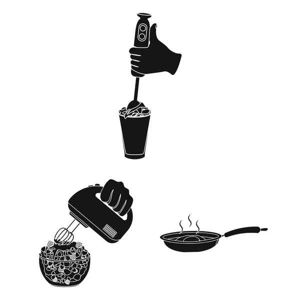 Matlagning mat svart ikoner i set samling för design. Kök, utrustning och verktyg vektor symbol lager web illustration. — Stock vektor