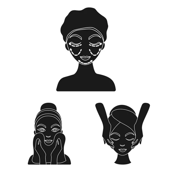 Soins de la peau icônes noires dans la collection ensemble pour le design. Visage et corps vecteur symbole stock web illustration . — Image vectorielle