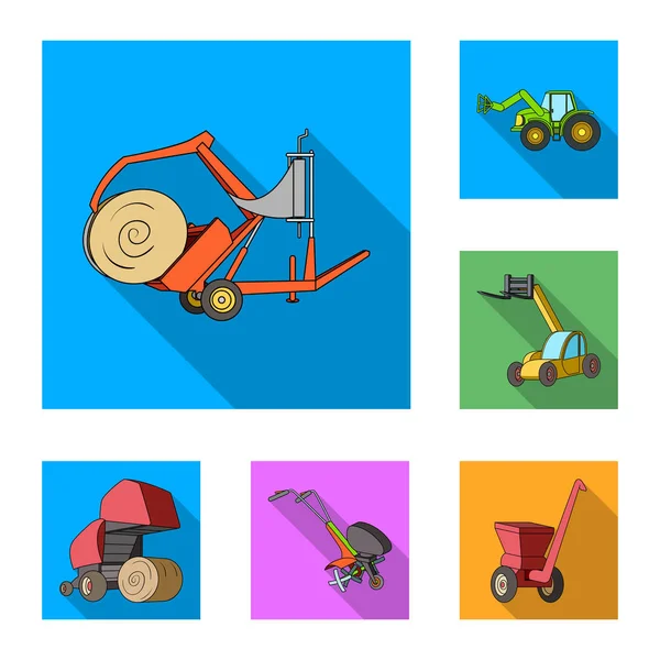 Landbrugsmaskiner flade ikoner i sæt kollektion til design. Udstyr og enhed vektor symbol lager web illustration . – Stock-vektor