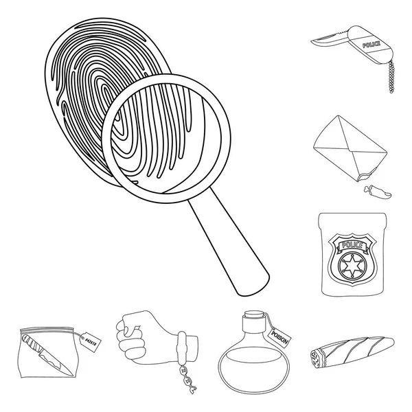 Agence de détective icônes contour dans la collection de jeu pour le design. Crime et enquête vectoriel symbole stock web illustration . — Image vectorielle