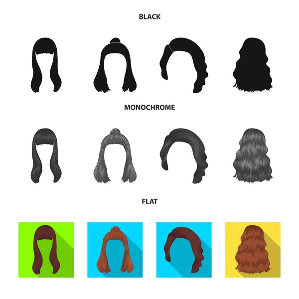 Longo, vermelho e outros tipos de penteados. Voltar penteado conjunto coleção ícones em preto, plano, estilo monocromático símbolo vetorial estoque ilustração web . — Vetor de Stock