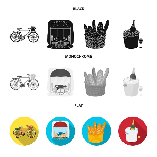 Bicicleta, transporte, veículo, café. França país conjunto coleção ícones em preto, plano, estilo monocromático símbolo vetorial estoque ilustração web . — Vetor de Stock