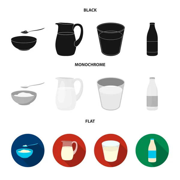 Schale mit Quark, ein Glas, eine Flasche Kefir, ein Krug. moloko set collection icons in schwarz, flach, monochrom stil vektor symbol stock illustration web. — Stockvektor