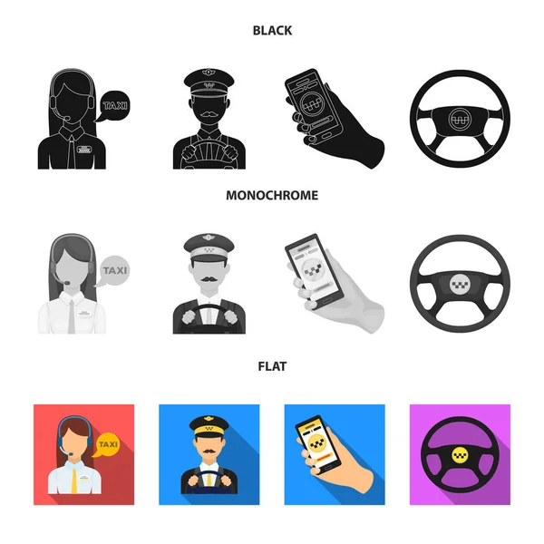 A taxi driver with a microphone, a taxi driver at the wheel, a cell phone with a number, a car steering wheel. Taxi set collection icons in black, flat, monochrome style vector symbol stock — Stock Vector