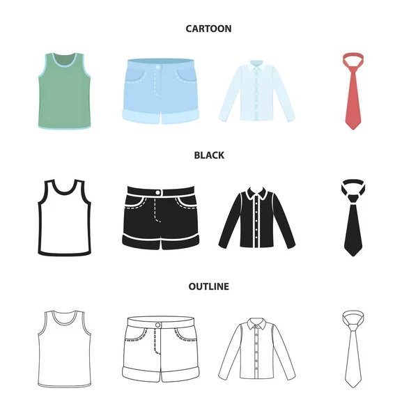 長い袖、ショート パンツ、t シャツ、ネクタイとシャツ。服は漫画、黒、アウトライン スタイル ベクトル シンボル ストック イラスト web でコレクションのアイコンを設定. — ストックベクタ