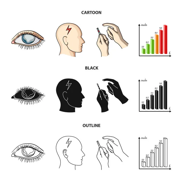 Poor vision, headache, glucose test, insulin dependence. Diabetic set collection icons in cartoon,black,outline style vector symbol stock illustration web. — Stock Vector